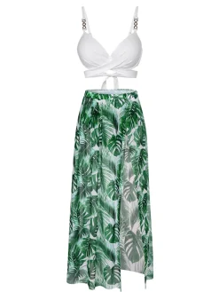 Online Retro Stage White & 1950s Tropical Swimsuit With Cover-Up Green