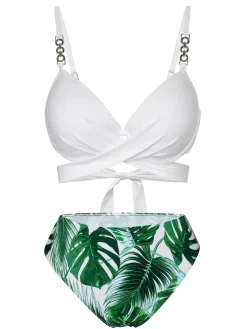 Online Retro Stage White & 1950s Tropical Swimsuit With Cover-Up Green