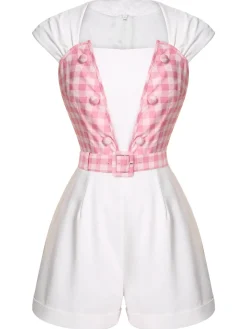 New Retro Stage 1950s Plaid Romper With Belt White & Pink