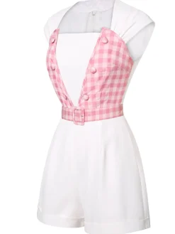 New Retro Stage 1950s Plaid Romper With Belt White & Pink