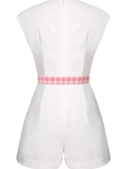New Retro Stage 1950s Plaid Romper With Belt White & Pink