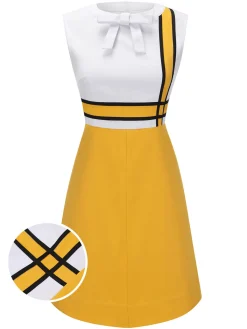 Hot Retro Stage 1960s Bowknot Patchwork Dress White & Yellow