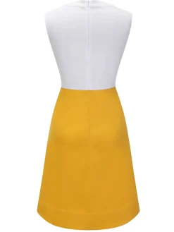 Hot Retro Stage 1960s Bowknot Patchwork Dress White & Yellow