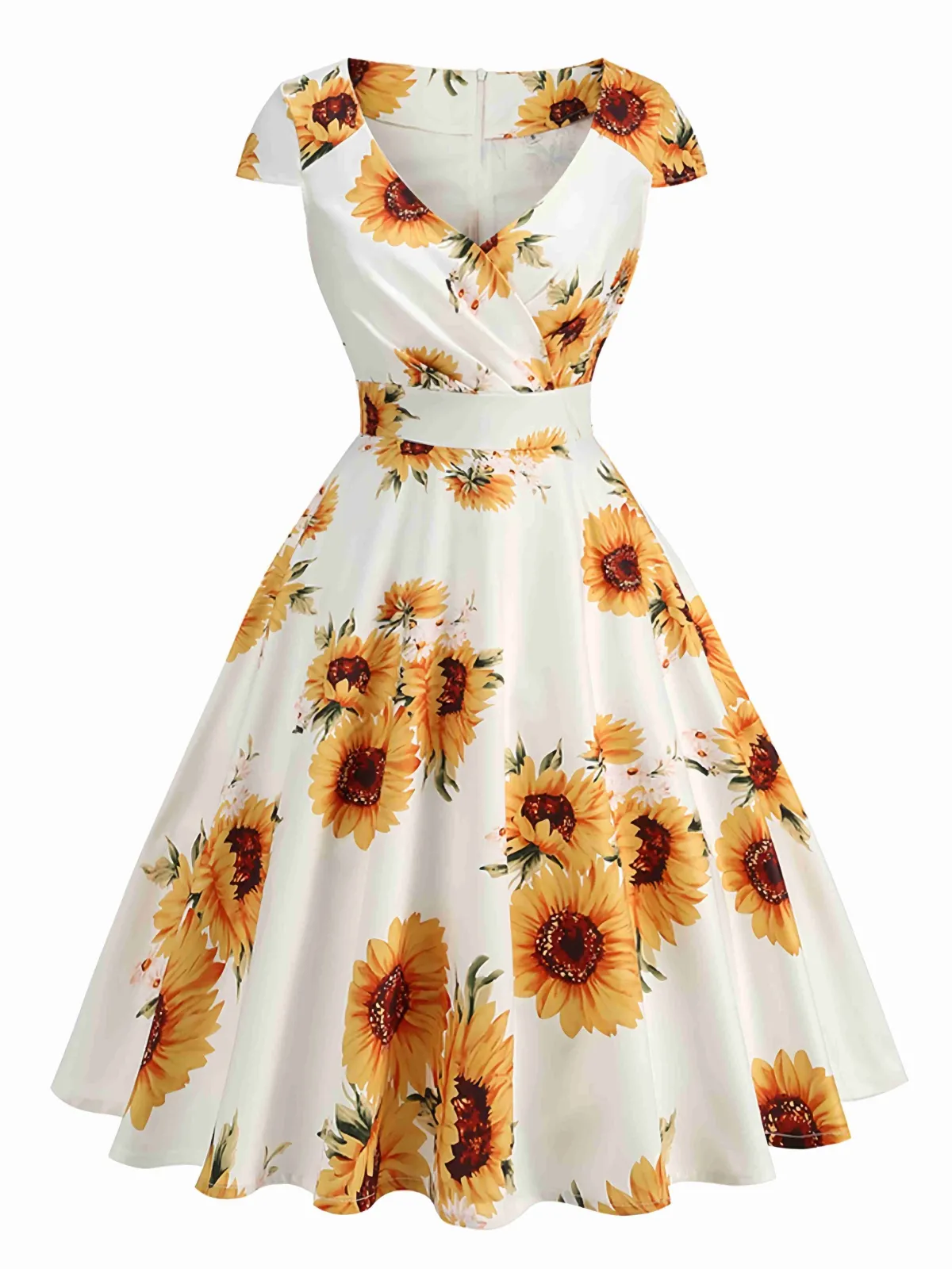 Clearance Retro Stage White & 1950s Sunflower Swing Dress Yellow