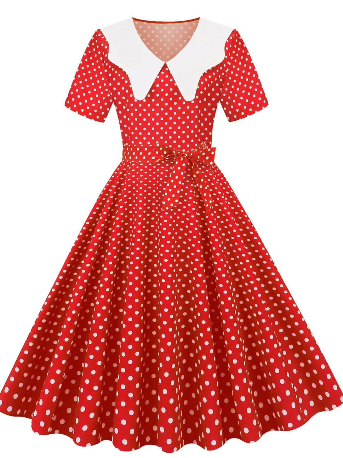 Fashion Retro Stage White Collar Polka Dot Swing Dress With Belt