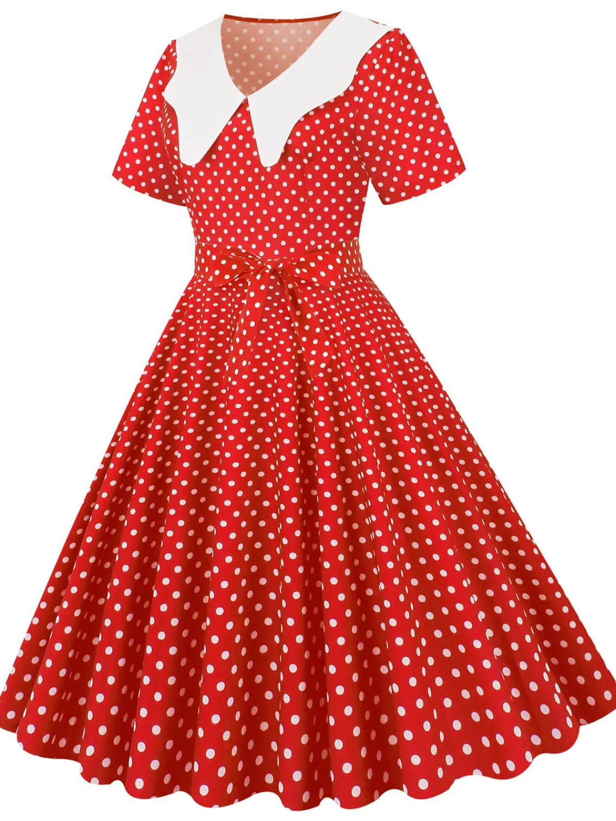 Fashion Retro Stage White Collar Polka Dot Swing Dress With Belt
