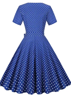 Fashion Retro Stage White Collar Polka Dot Swing Dress With Belt