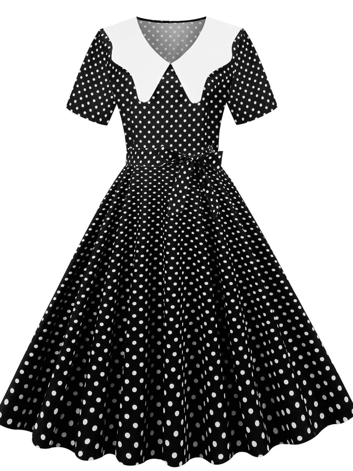 Fashion Retro Stage White Collar Polka Dot Swing Dress With Belt