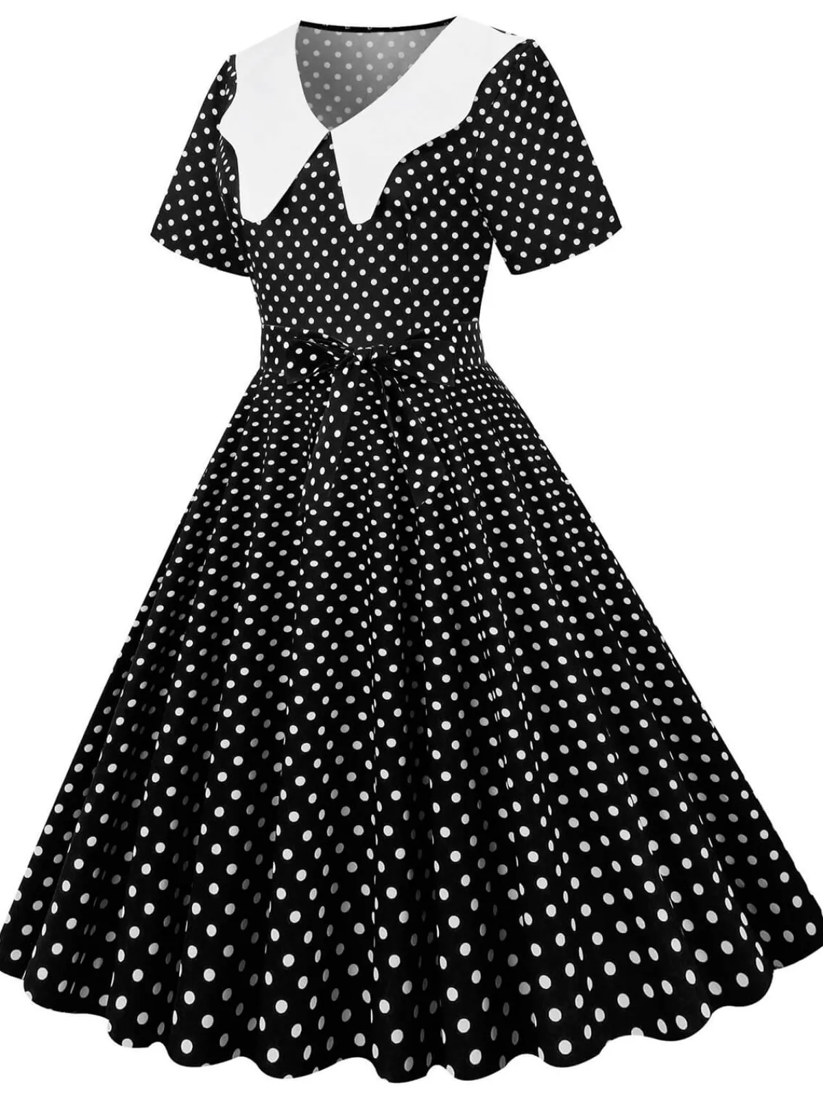 Fashion Retro Stage White Collar Polka Dot Swing Dress With Belt