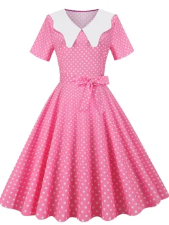 Fashion Retro Stage White Collar Polka Dot Swing Dress With Belt