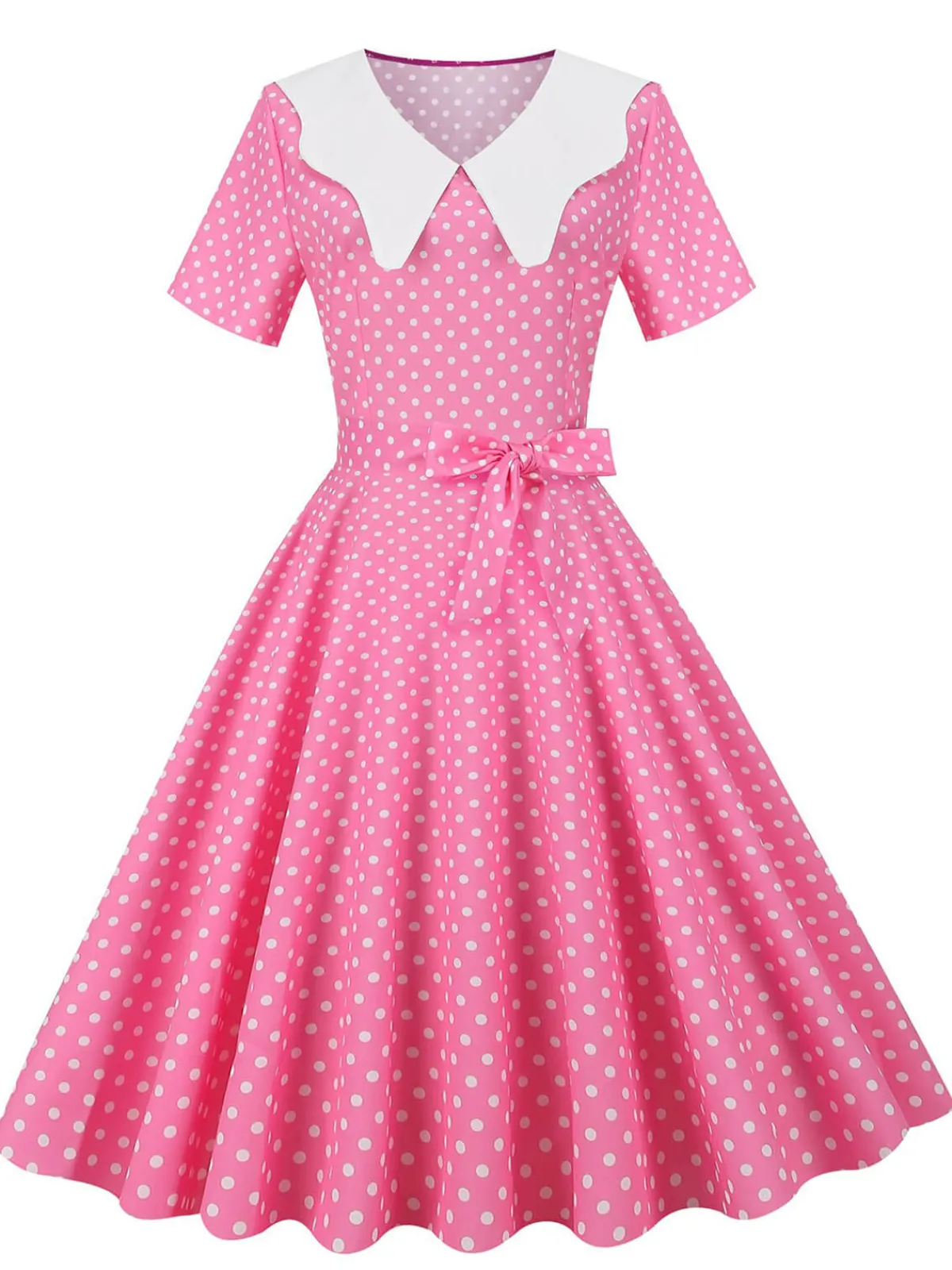 Fashion Retro Stage White Collar Polka Dot Swing Dress With Belt