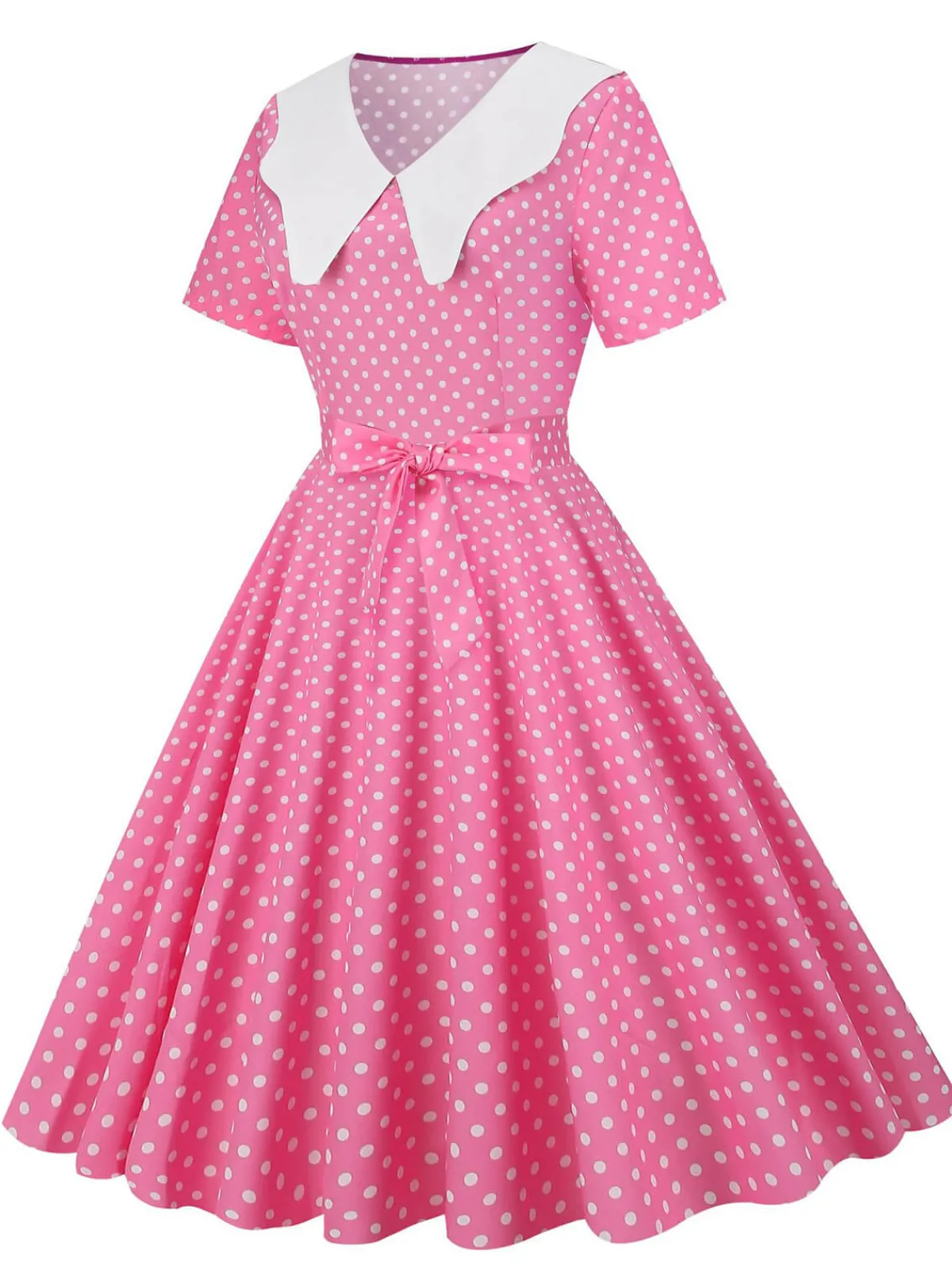 Fashion Retro Stage White Collar Polka Dot Swing Dress With Belt