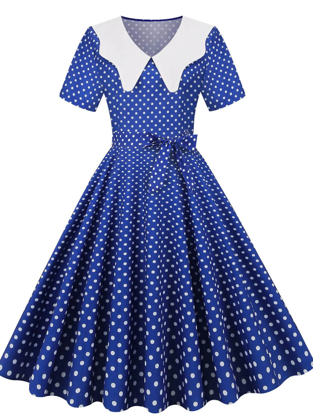 Fashion Retro Stage White Collar Polka Dot Swing Dress With Belt