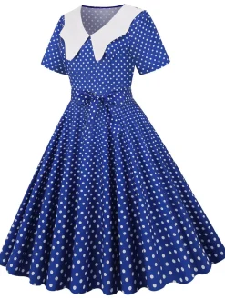 Fashion Retro Stage White Collar Polka Dot Swing Dress With Belt