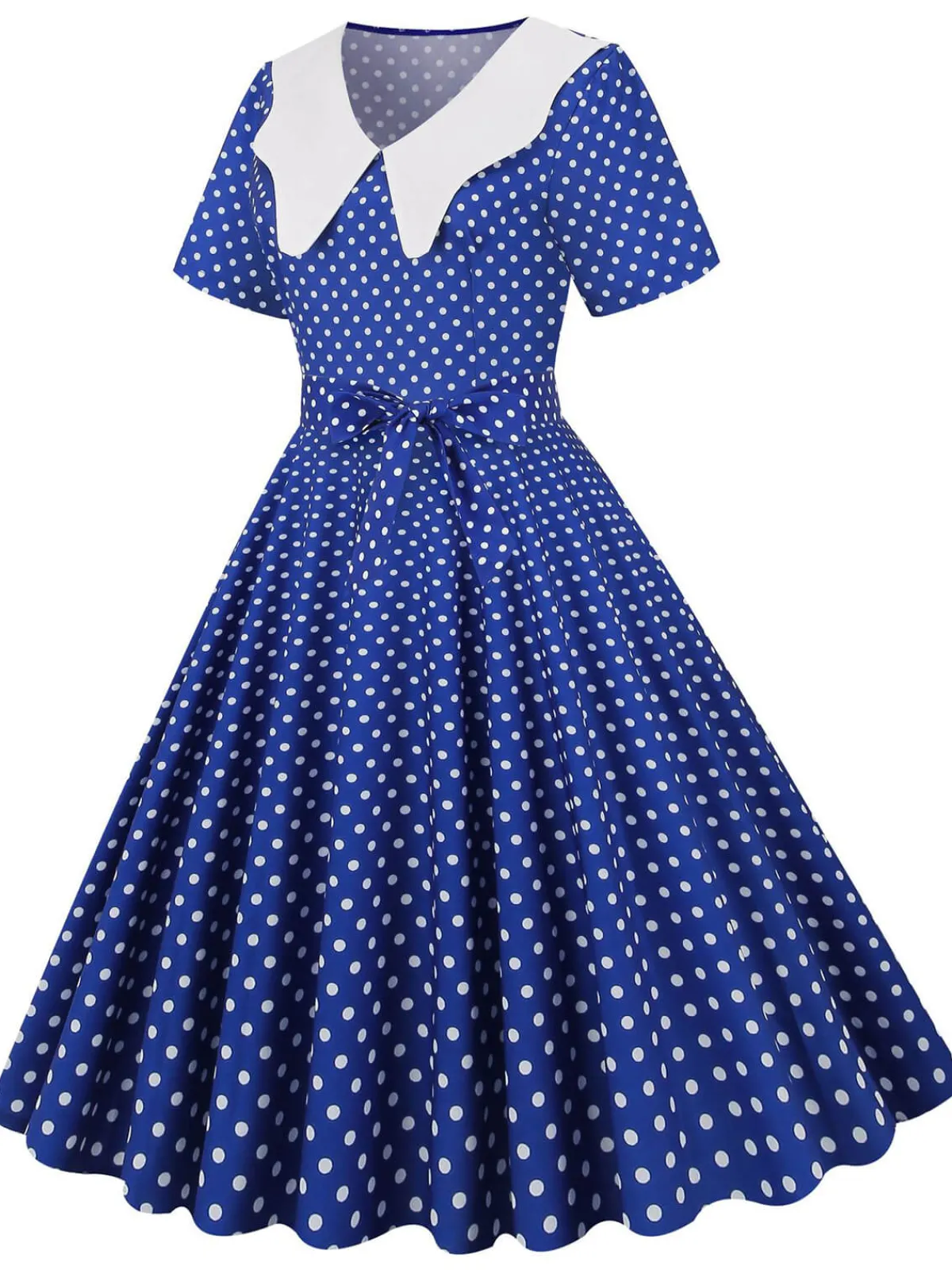 Fashion Retro Stage White Collar Polka Dot Swing Dress With Belt