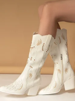 Outlet Retro Stage Embroidered Flower Leather Cowboy Boots White
