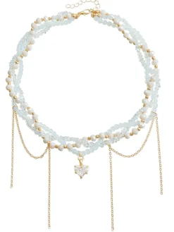 Sale Retro Stage White Heart Rhinestone Pendant Beaded Necklace