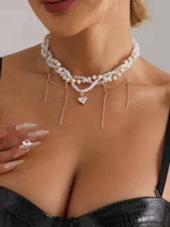 Sale Retro Stage White Heart Rhinestone Pendant Beaded Necklace