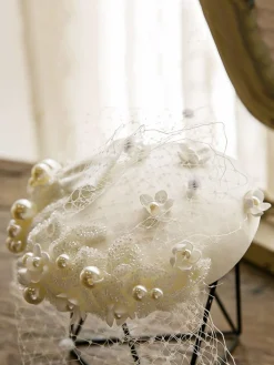 Best Retro Stage White Pearl Mesh Bow Vintage Hat