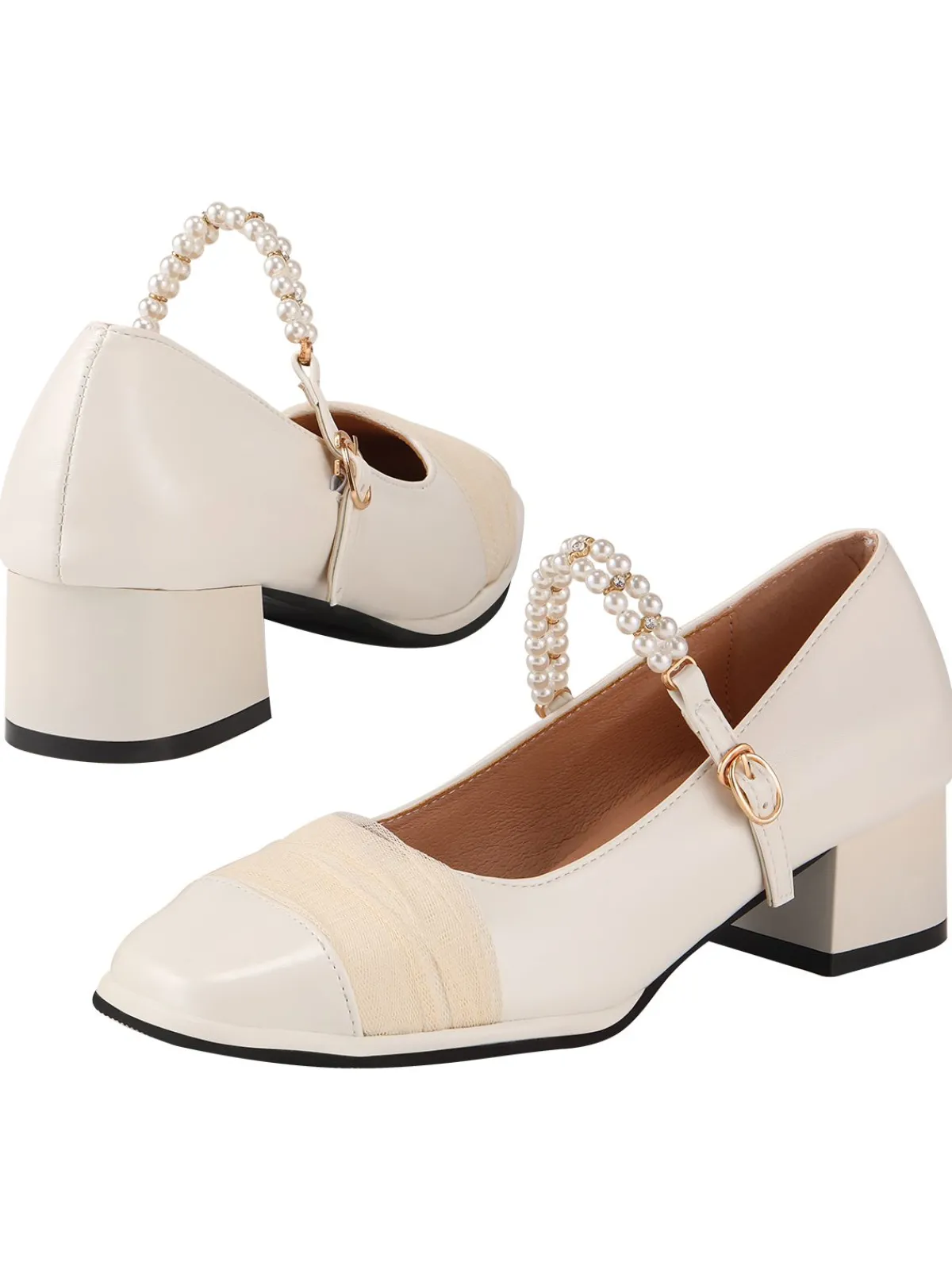 Discount Retro Stage Pearl Strap Chunky Heel Shoes White