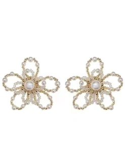 Clearance Retro Stage White Retro Beading Flower Hollow Stud Earrings