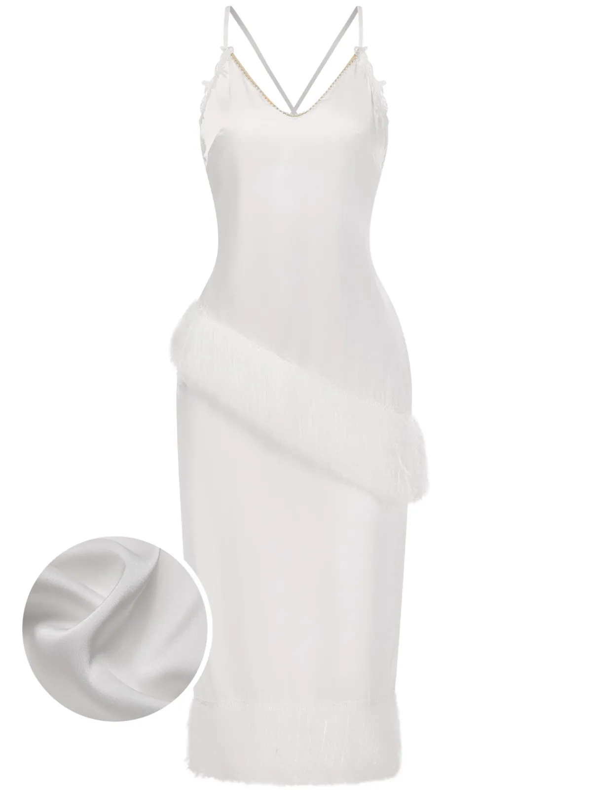 Outlet Retro Stage 1940s Back Straps Tassels Satin Nightdress White