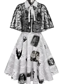 Sale Retro Stage 1950s Bat Cape Swing Dress White
