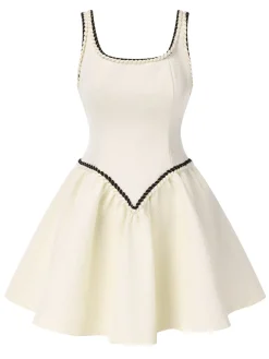 New Retro Stage 1950s Binding Tweed Skater Dress White