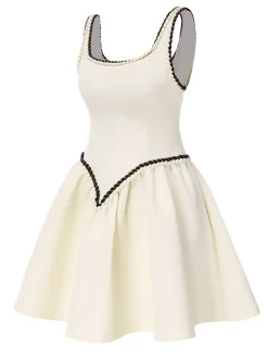 New Retro Stage 1950s Binding Tweed Skater Dress White