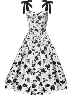 Fashion Retro Stage 1950s Black Flowers Tie-Up Dress White