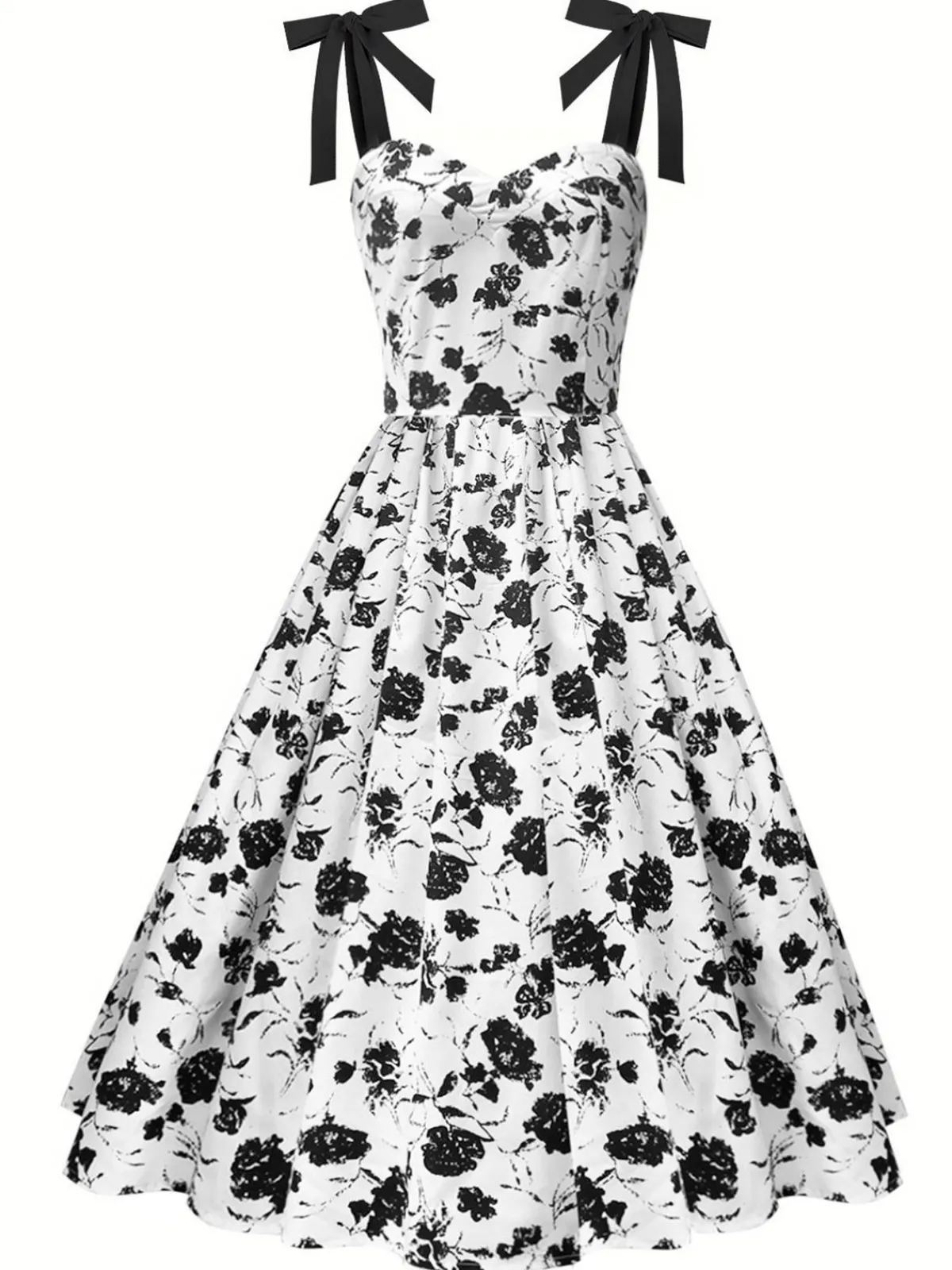Fashion Retro Stage 1950s Black Flowers Tie-Up Dress White