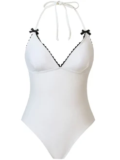 Discount Retro Stage 1950s Bow Lace-Up Halter Swimsuit White