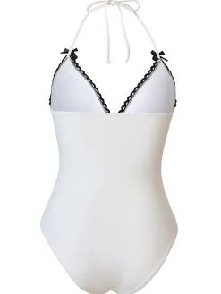 Discount Retro Stage 1950s Bow Lace-Up Halter Swimsuit White
