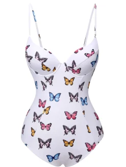 Sale Retro Stage 1970s Butterfly Strap One-Piece Swimsuit White