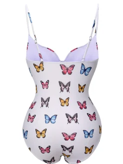 Sale Retro Stage 1970s Butterfly Strap One-Piece Swimsuit White
