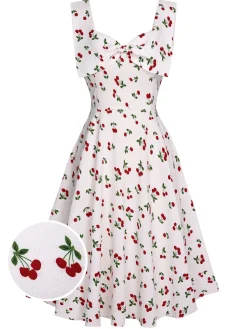New Retro Stage 1950s Cherry Bow Sweetheart Neck Dress White