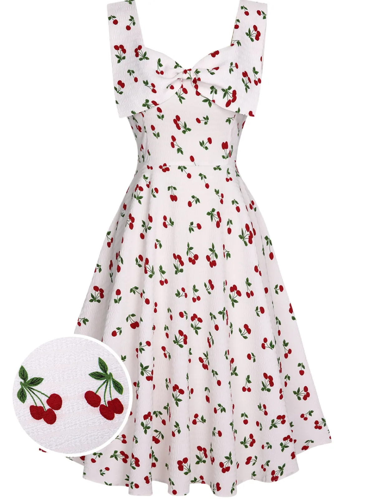 New Retro Stage 1950s Cherry Bow Sweetheart Neck Dress White