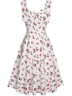 New Retro Stage 1950s Cherry Bow Sweetheart Neck Dress White