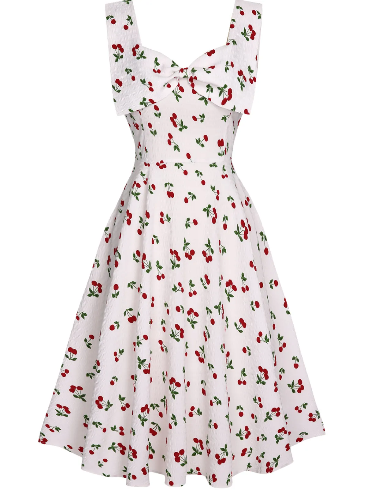 New Retro Stage 1950s Cherry Bow Sweetheart Neck Dress White