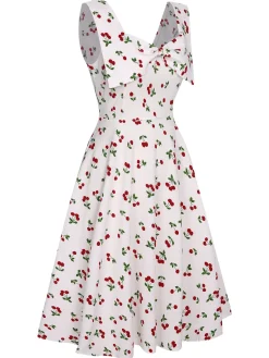 New Retro Stage 1950s Cherry Bow Sweetheart Neck Dress White