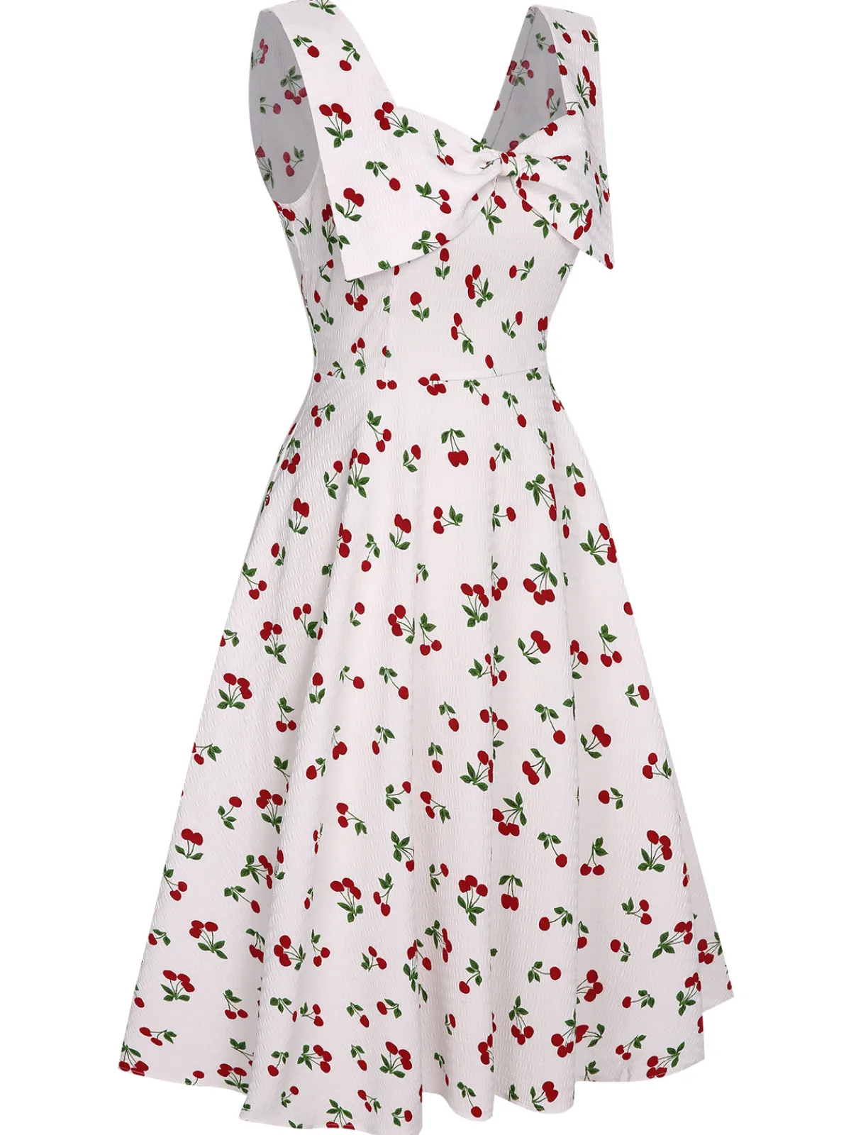 New Retro Stage 1950s Cherry Bow Sweetheart Neck Dress White