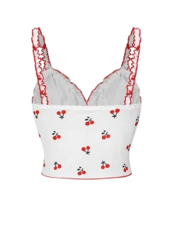 Fashion Retro Stage 1950s Cherry Navel Straps Pajamas White