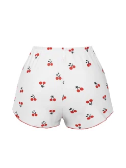Fashion Retro Stage 1950s Cherry Navel Straps Pajamas White