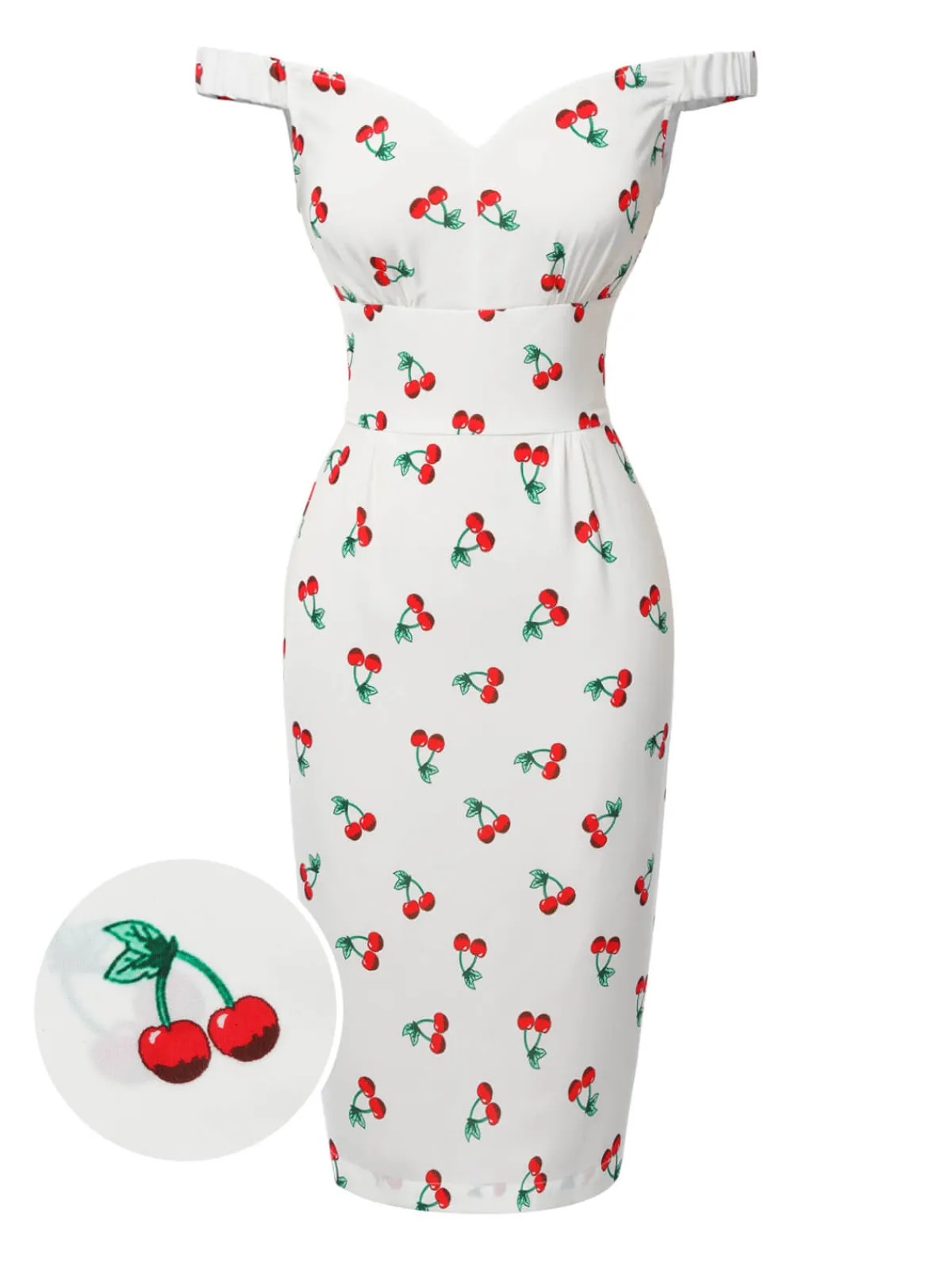 Best Retro Stage 1960s Cherry Off-Shoulder Pencil Dress White