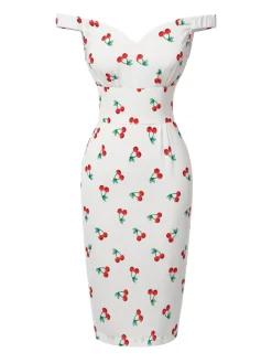 Best Retro Stage 1960s Cherry Off-Shoulder Pencil Dress White