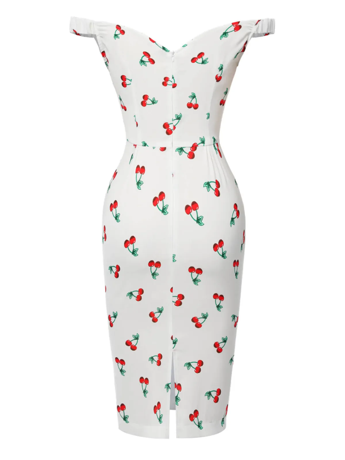 Best Retro Stage 1960s Cherry Off-Shoulder Pencil Dress White