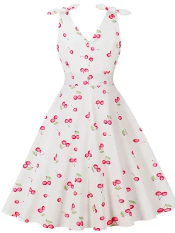 Clearance Retro Stage 1950s Cherry Sleeveless V-Neck Dress White