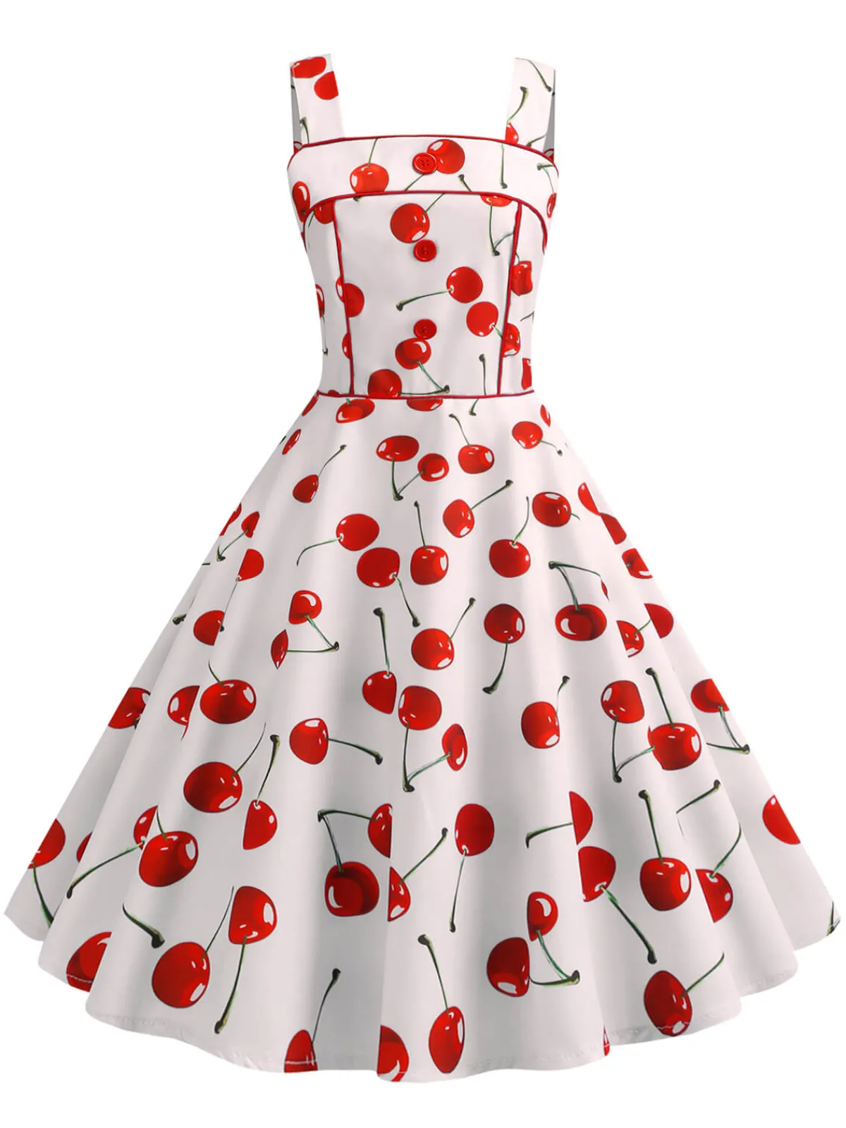 Fashion Retro Stage 1950s Cherry Wide Straps Dress White