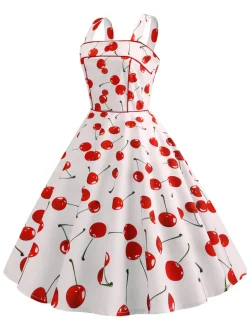 Fashion Retro Stage 1950s Cherry Wide Straps Dress White