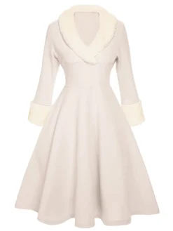 Outlet Retro Stage White 1950s Christmas Lapel Dress